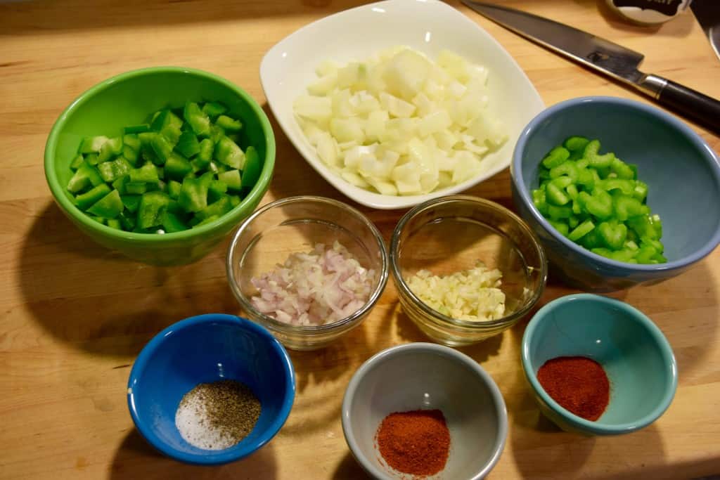 Pre-chopped veggies for homemade cajun chicken stew. 