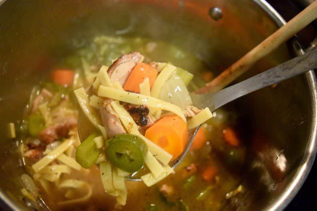 A delicious chicken noodle soup with a dash of heat with some fresh jalapeños. This one is made with egg noodles for extra tastiness.