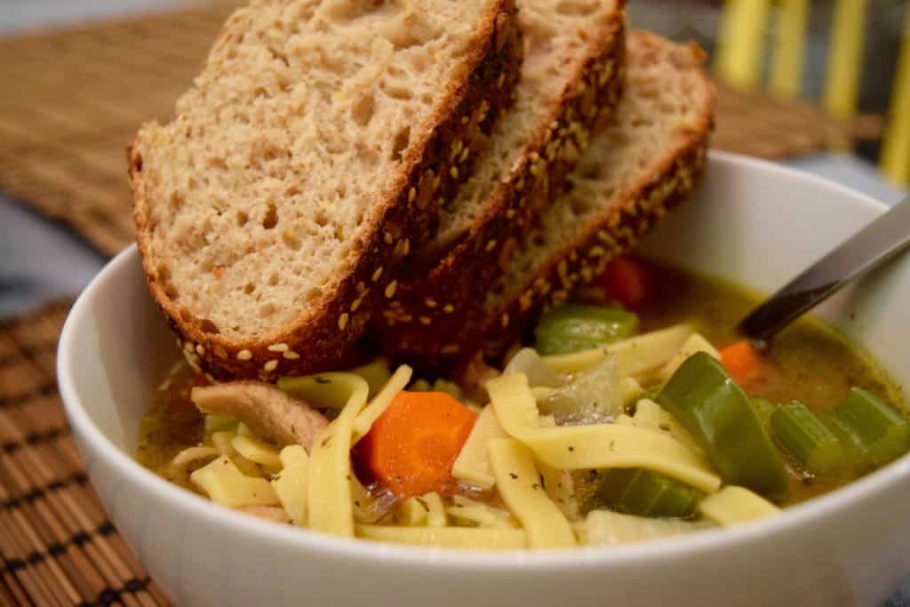 A delicious chicken noodle soup with a dash of heat with some fresh jalapeños. This one is made with egg noodles for extra tastiness.