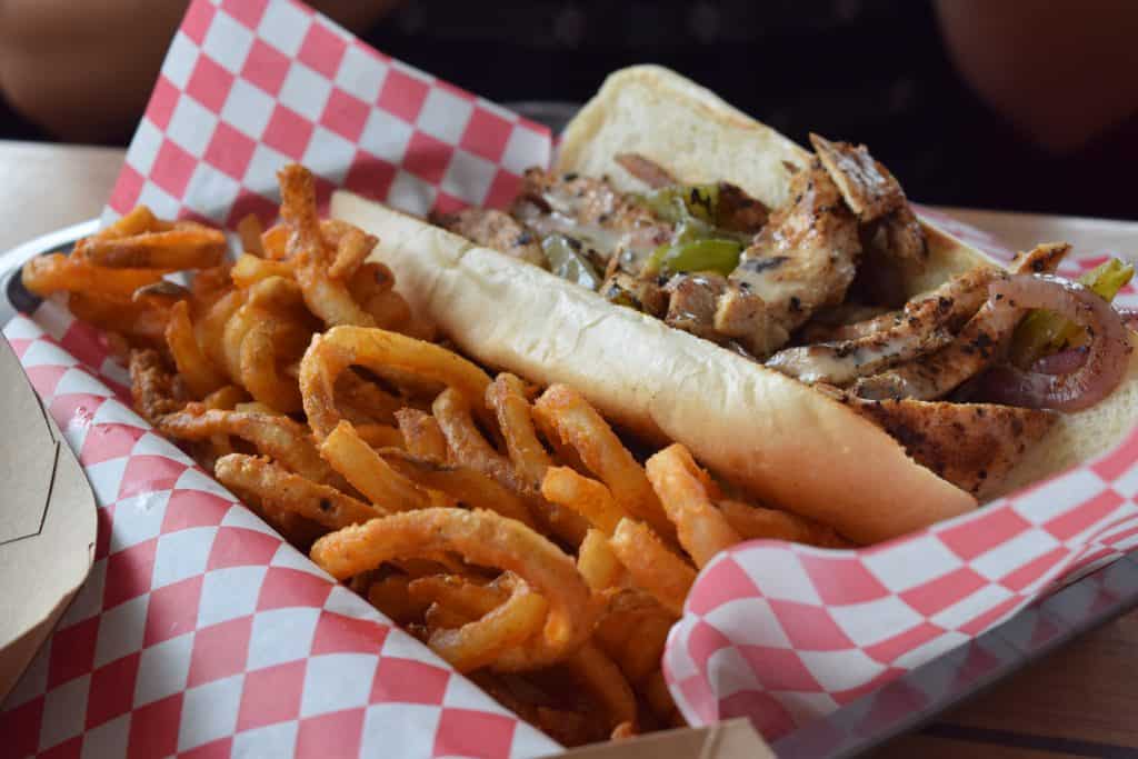 Bros Sandwich Shack sandwich and curly fries in Outer Banks, Nc 