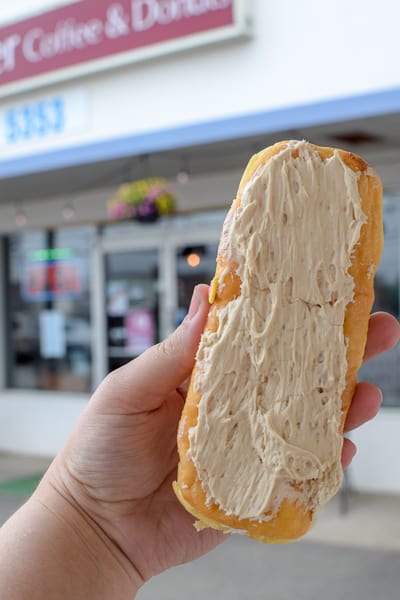 Maple iced long john donut from Jupiter Coffee & Donuts.