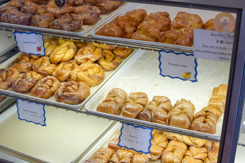 Daily selection in the bakery case at Stan The Donut Man.