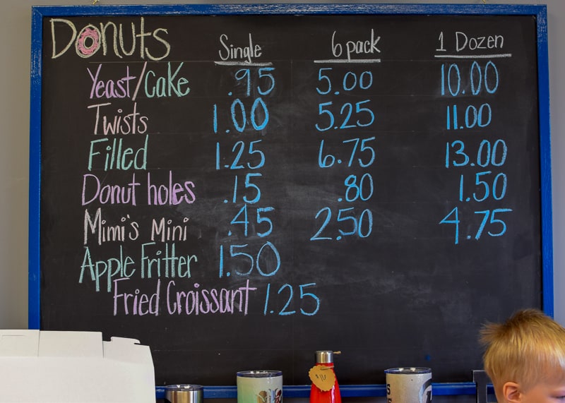 Menu board at Mimi's Donuts & Bakery in Butler County, Ohio.