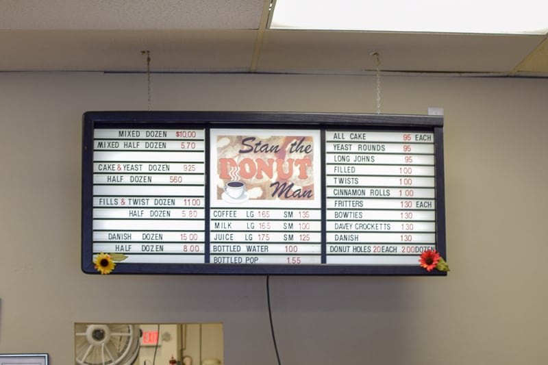 Menu board inside of Stan The Donut Man retail store.