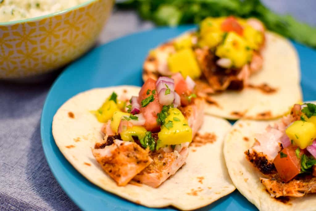 Blackened Salmon Tacos with Mango Salsa