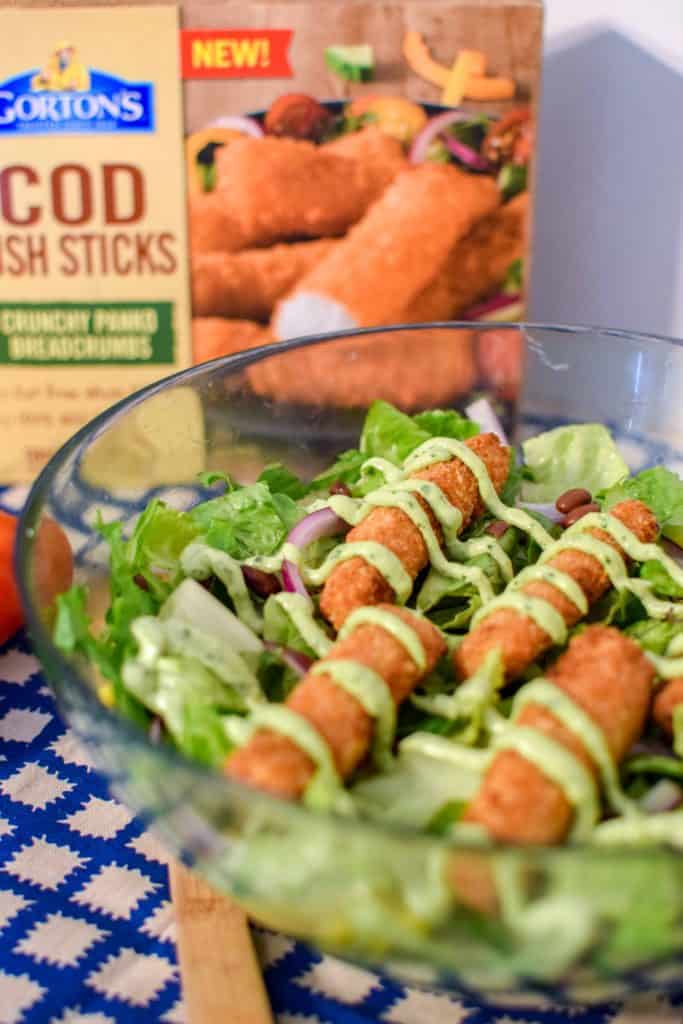 Cod Fish Stick Southwestern Salad|Homemade Avocado Crema