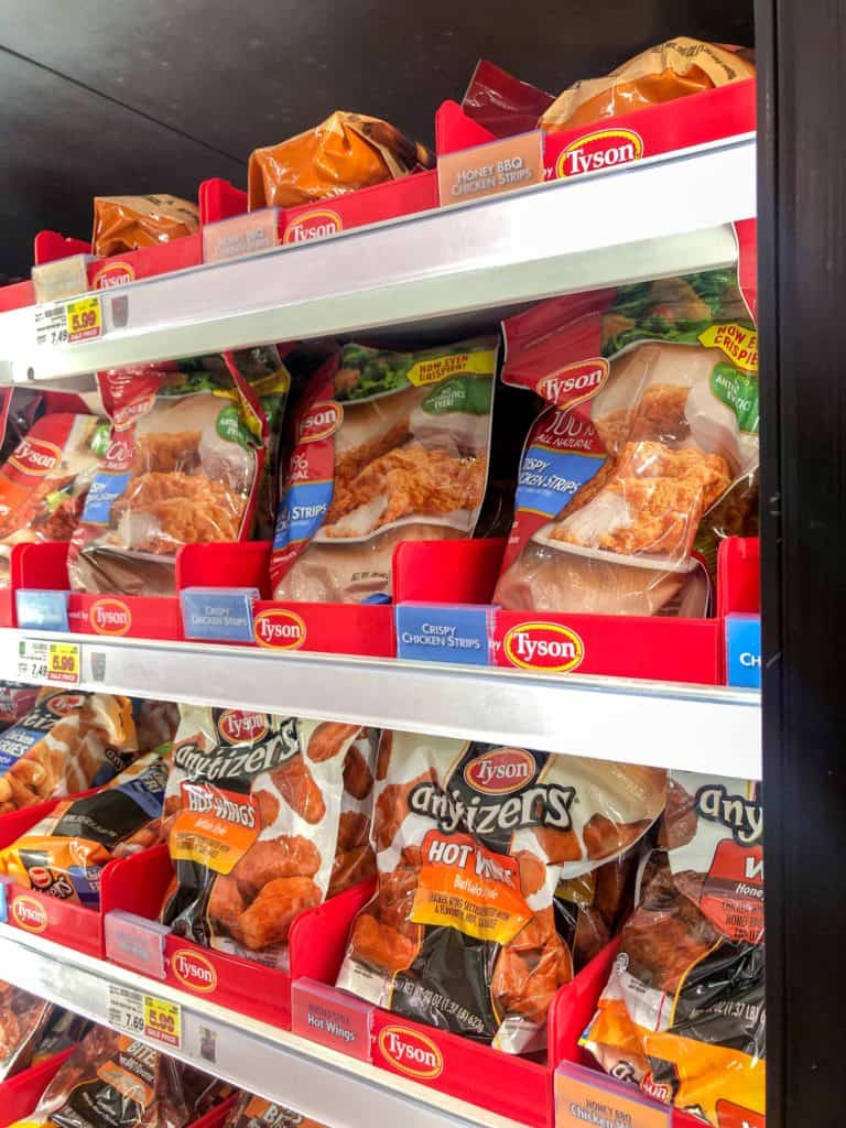 Chicken strips in freezer at Kroger.