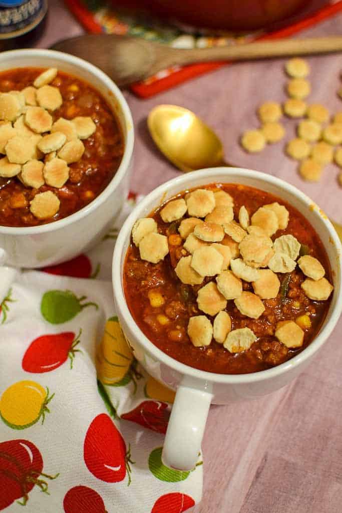 No Bean Chili recipe with oyster crackers