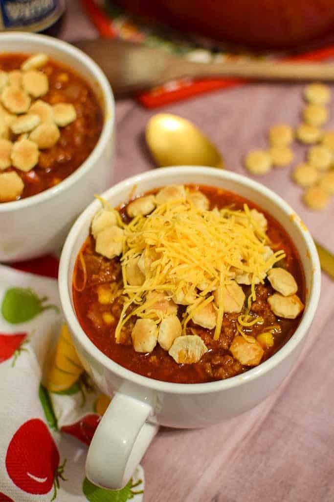 No Bean Chili recipe with oyster crackers