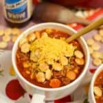 Homemade no bean chili topped with oyster crackers and shredded cheese.