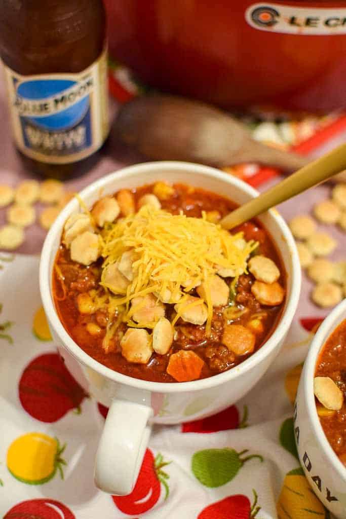 Homemade no bean chili topped with oyster crackers and shredded cheese.