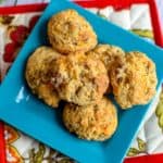 Homemade chicken sausage balls made with cheddar cheese and pancake mix.