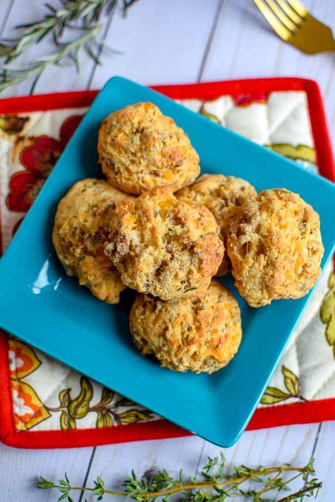 Homemade chicken sausage balls made with cheddar cheese and pancake mix.