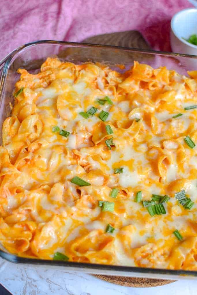 Buffalo Chicken Casserole in a 9 by 13 glass baking dish.