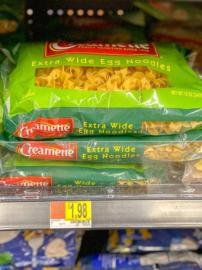 Creamette extra wide egg noodles on the shelf at walmart.