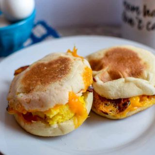Homemade breakfast sandwiches made with English muffins, scrambled eggs, cheese, turkey bacon tossed in the freezer for an easy morning breakfast.