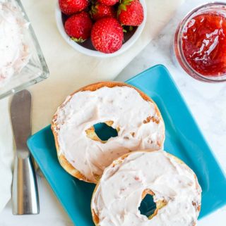 Cream cheese on a bagel is great. But, homemade whipped strawberry cream cheese is AMAZING! This two ingredient recipe is delicious.