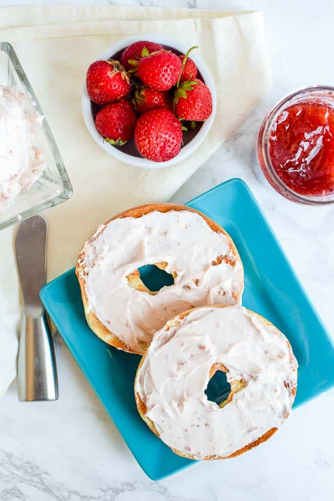 Cream cheese on a bagel is great. But, homemade whipped strawberry cream cheese is AMAZING! This two ingredient recipe is delicious.