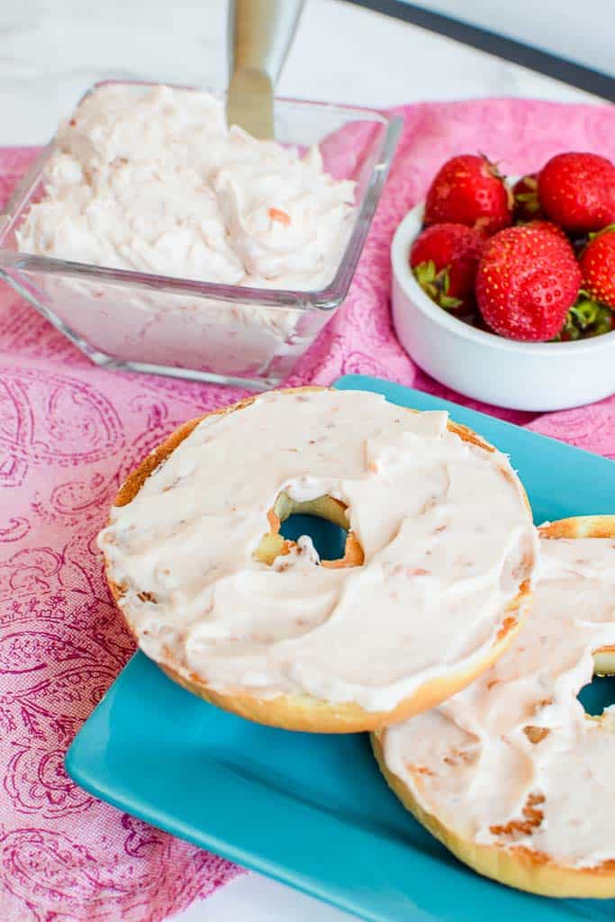 Cream cheese on a bagel is great. But, homemade whipped strawberry cream cheese is AMAZING! This two ingredient recipe is delicious.