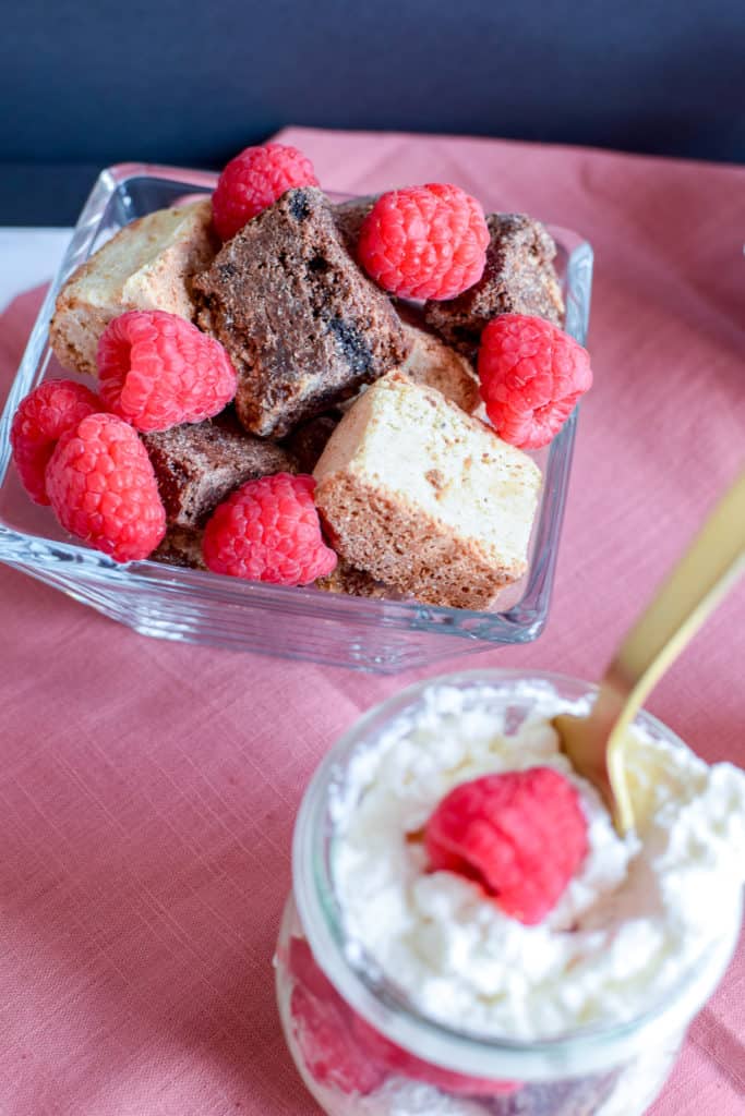 Fresh whipped cream, the best brownies in the world, and fresh raspberries! What does that make? An incredible brownie parfait. 