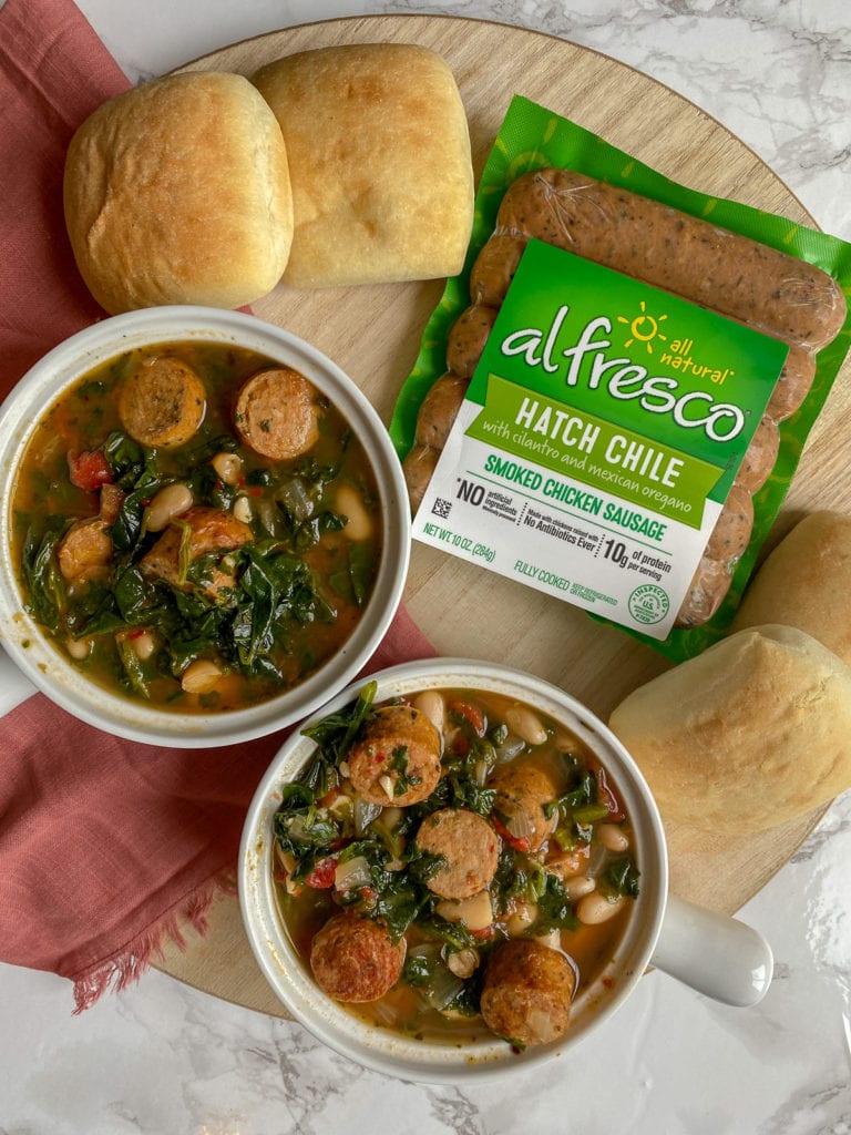 This super simple white bean stew is incredible easy to make and so flavorful with the fresh herbs and hatch chile chicken sausage. Delicious! Serve with fresh rolls or crusty sourdough bread for the ultimate meal. 