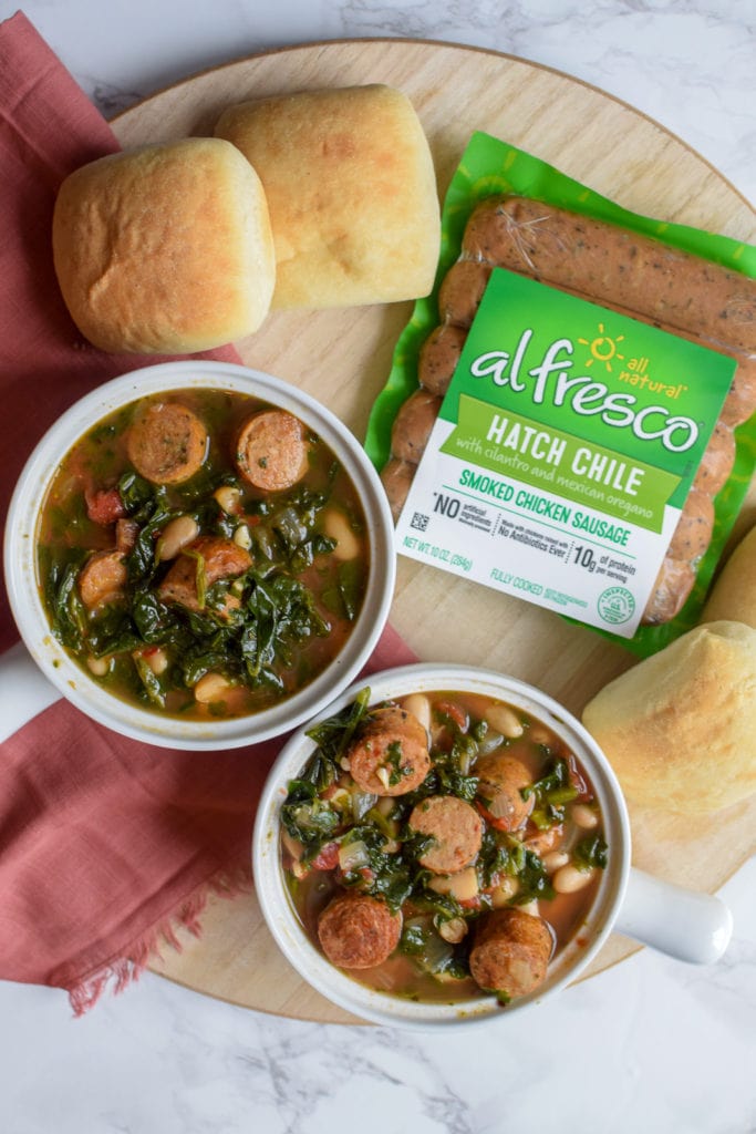 This super simple white bean stew is incredible easy to make and so flavorful with the fresh herbs and hatch chile chicken sausage. Delicious! Serve with fresh rolls or crusty sourdough bread for the ultimate meal.