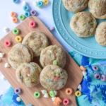 If you love Froot Loops (who doesn't), you will LOVE these Froot Loops Sugar Cookies. They are soft baked sugar cookies made with crushed up Froot Loops and white chocolate chips. Plus, they are super easy to whip up at home!