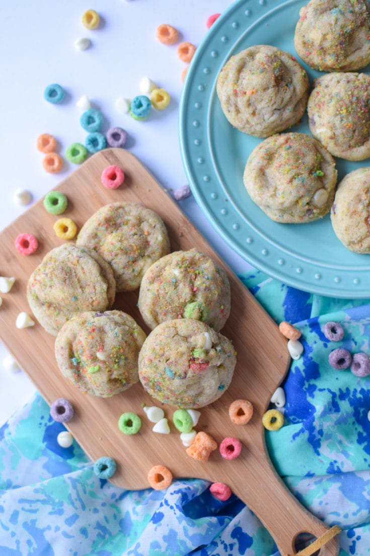 If you love Froot Loops (who doesn't), you will LOVE these Froot Loops Sugar Cookies. They are soft baked sugar cookies made with crushed up Froot Loops and white chocolate chips. Plus, they are super easy to whip up at home!