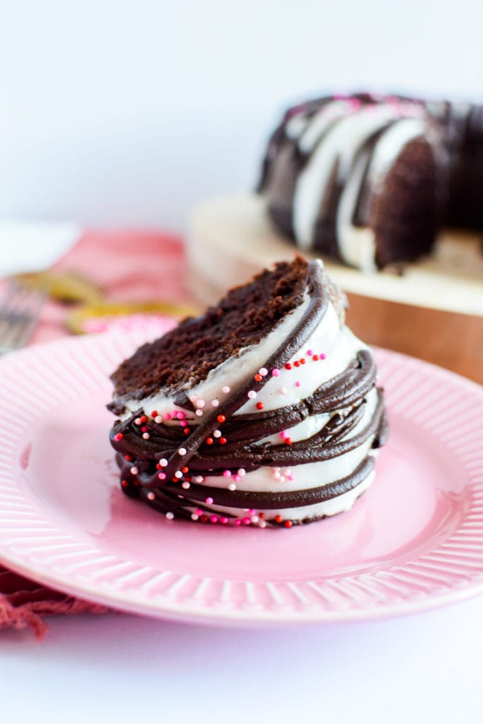 Slice of chocolate bundt cake.