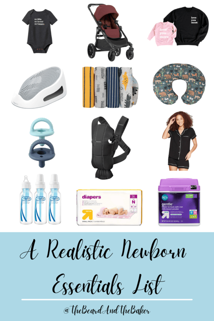 Graphic showing items on our realistic list of newborn essentials.