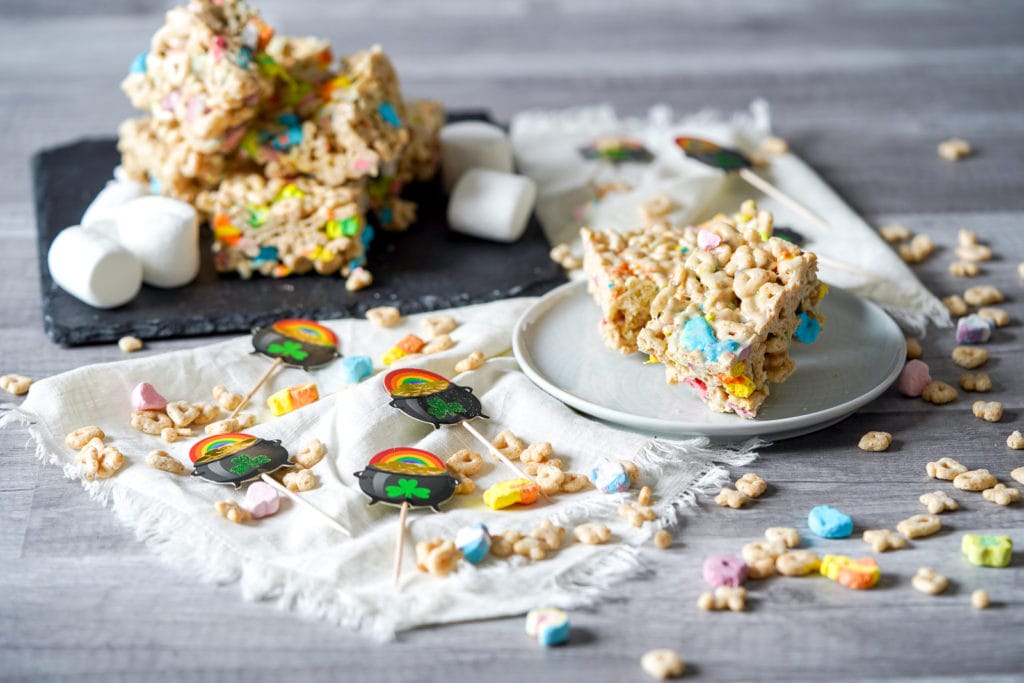 Finished Lucky charms bars with props around them.
