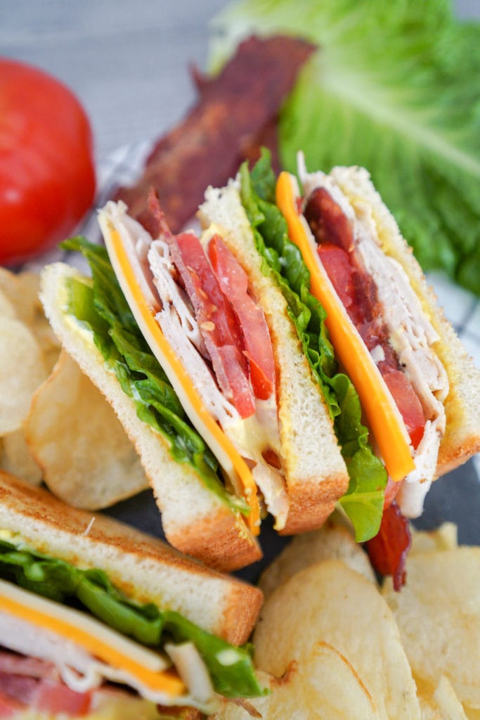 Pork free club sandwich closeup.