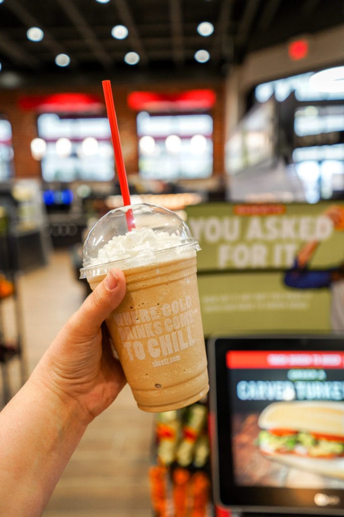 Frozen latte topped with whipped cream ordered from Sheetz.