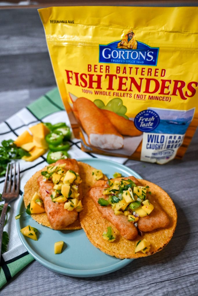 Plated Air fried gortons fish tostadas.