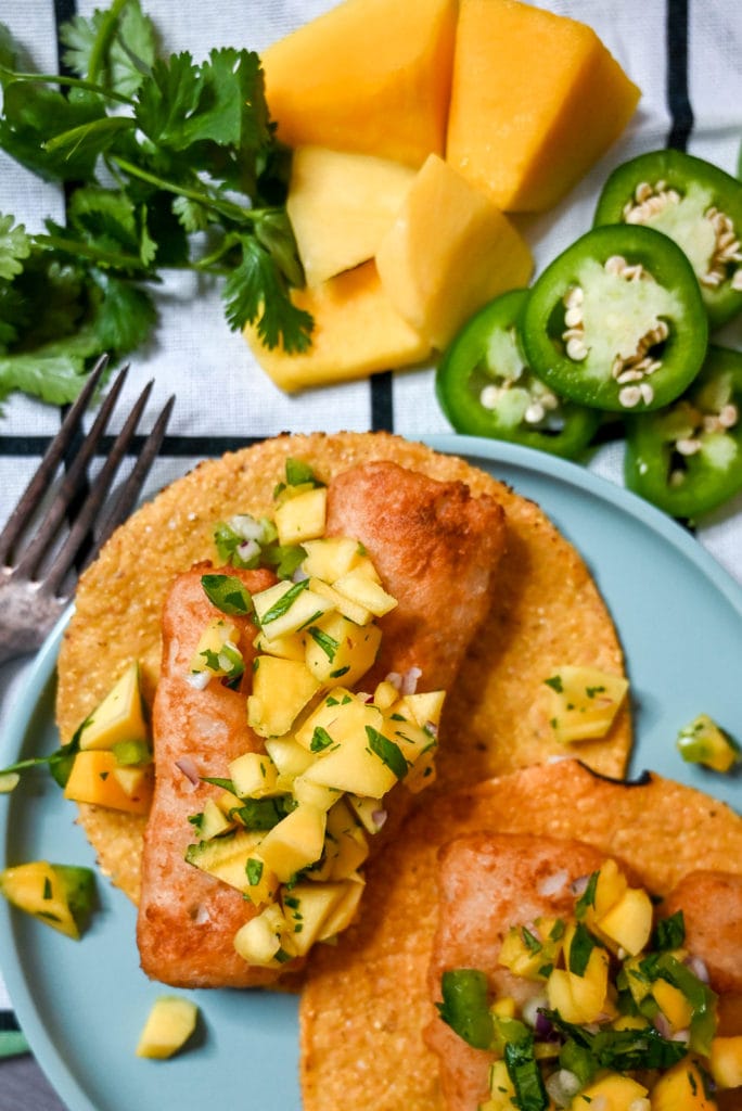 Air fried gortons fish tostadas with mango salsa.