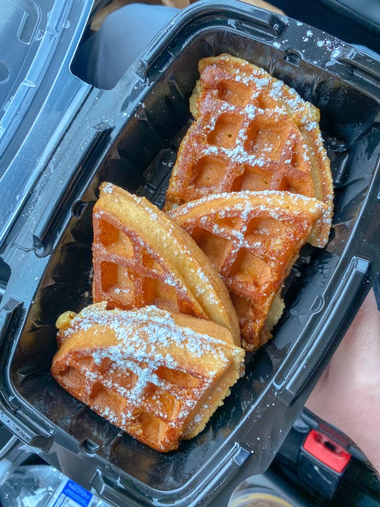 Powdered sugar waffle to go at What the Waffle in downtown Columbus, Ohio.