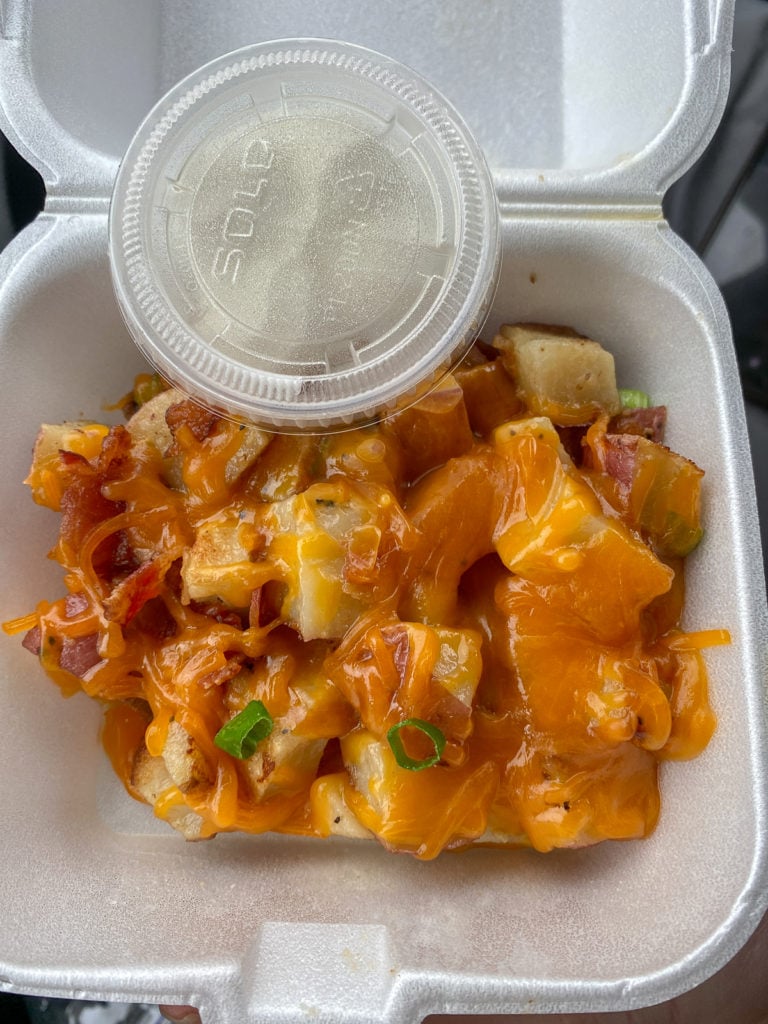 Breakfast potatoes with cheese and green onions from What The Waffle in Columbus, Ohio.