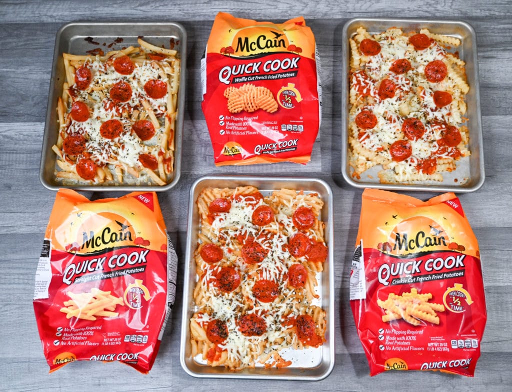 Three bags of Mccain quick cook fries shown next to finished pizza fries on three small sheet pan serving trays.