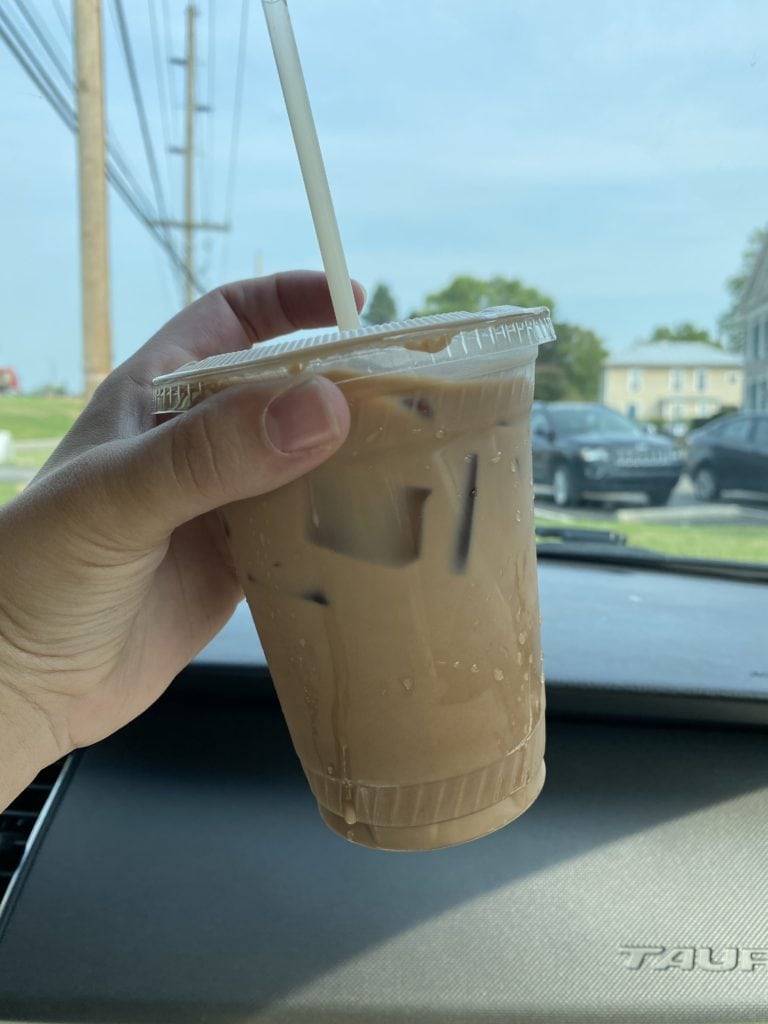 Iced latte from river road coffee in Granville, Ohio.