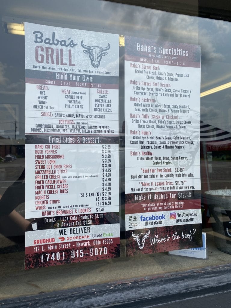 Menu at Baba's Grill In Newark, Ohio.