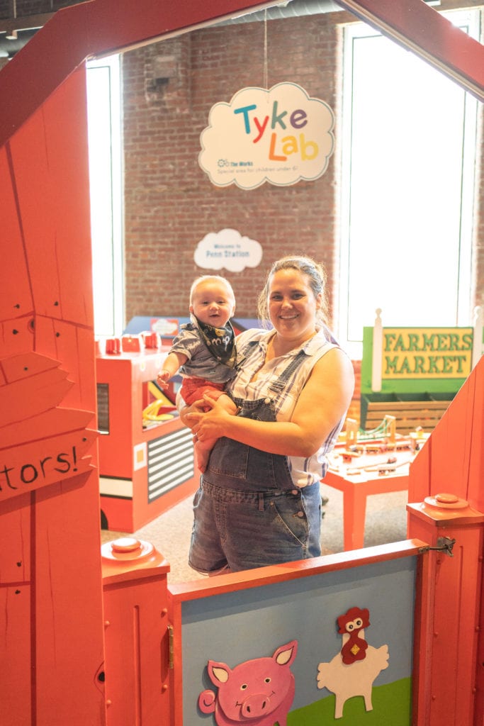 Mother and infant son visiting The Works kids museum in Newark, Ohio.