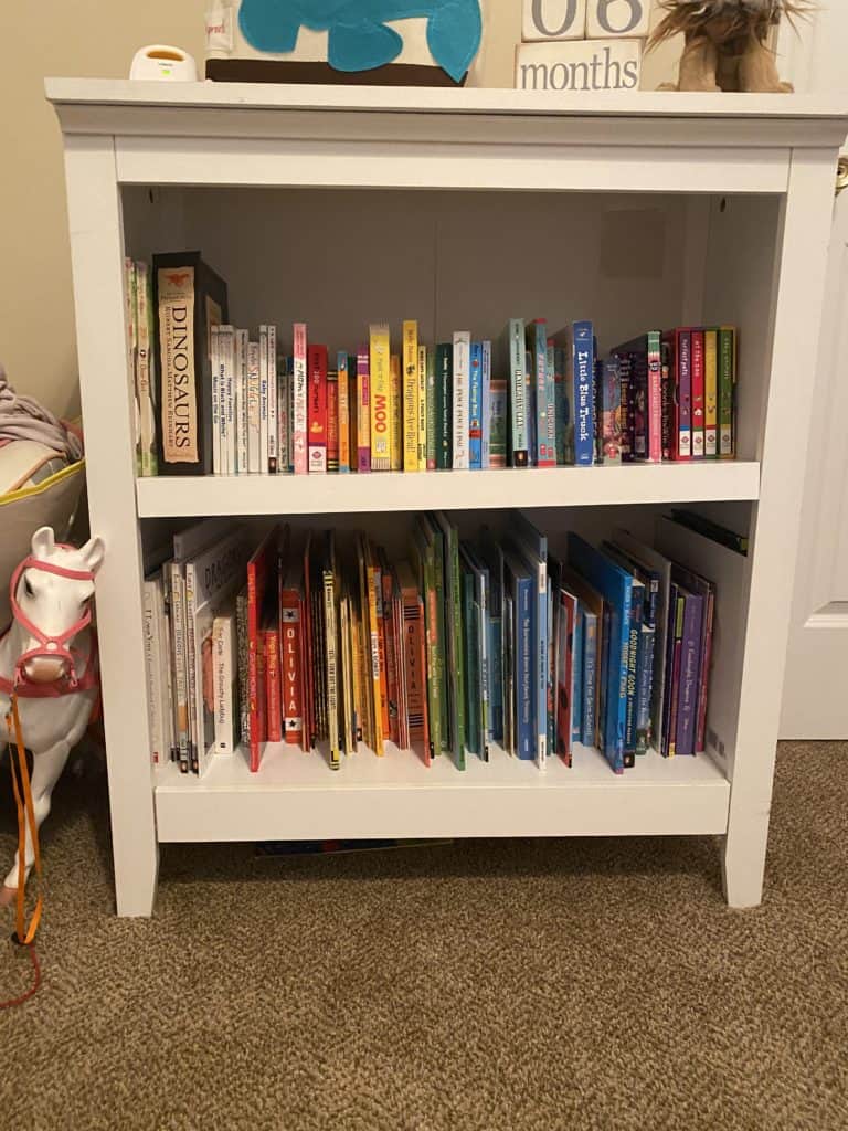 Kids books shown on a bookshelf in bedroom.