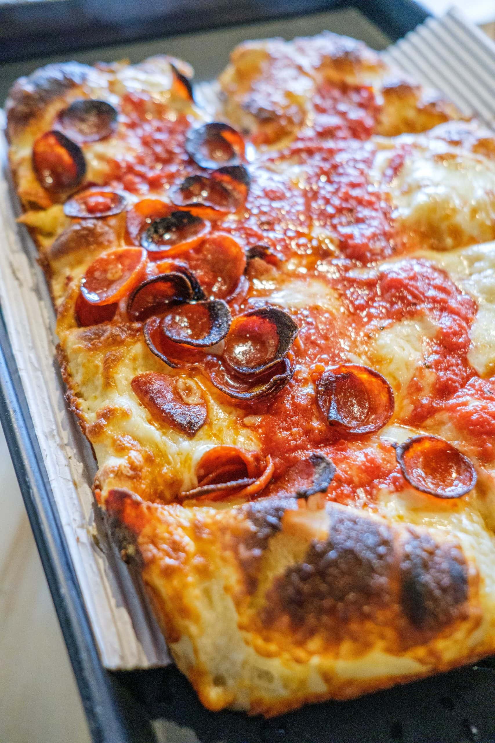 Deep dish build your own pizza with half pepperoni and half cheese at Sexton's Pizza in Hilliard, Ohio.