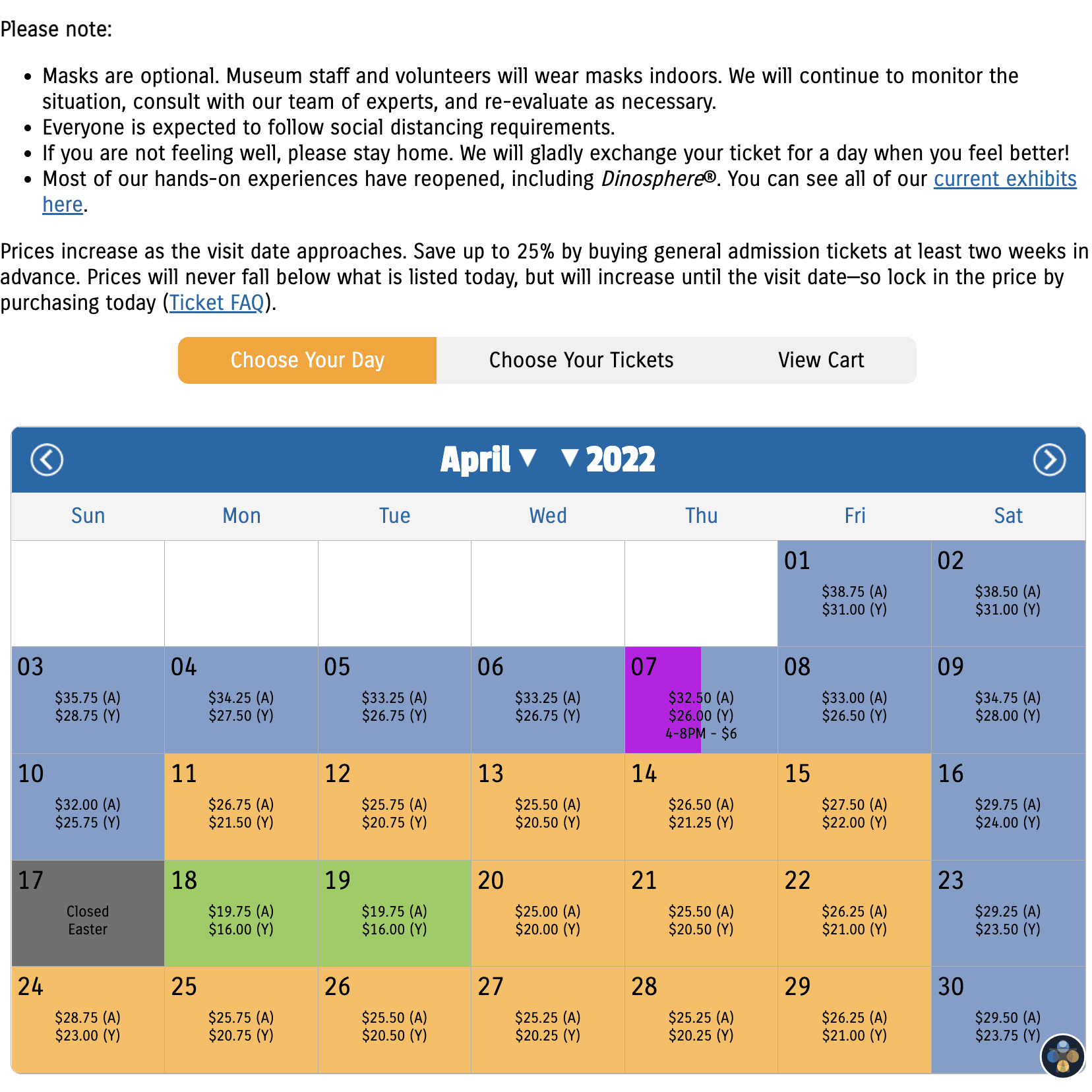 Ticket Calendar for the Children's Museum Of Indianapolis.