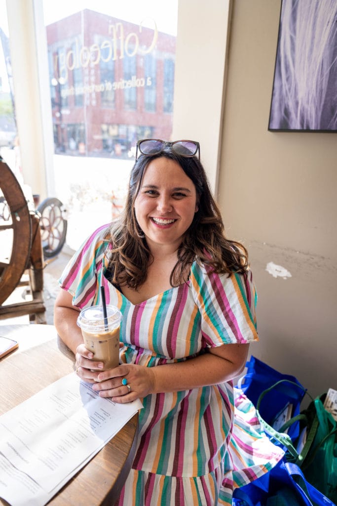 woman at Coffeeology in Downtown Delaware Ohio. 