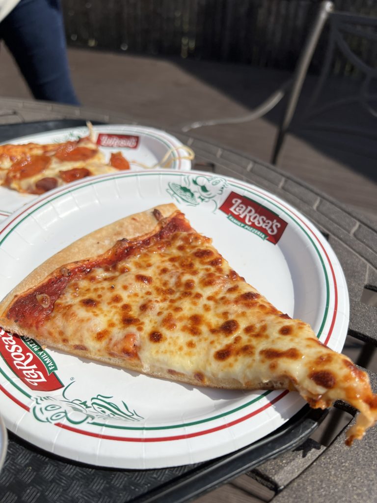 A slide of LaRosa's cheese pizza at the Cincinnati Zoo. 