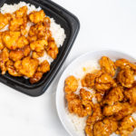 Panda Express orange chicken next to homemade orange chicken.